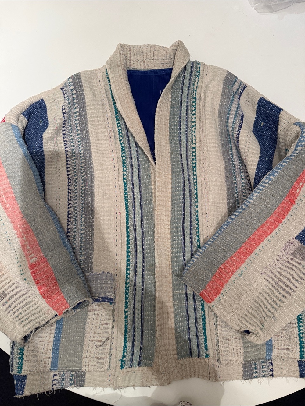 Striped Shawl Collar Men’s Sweater Jacket in Cream and Blue